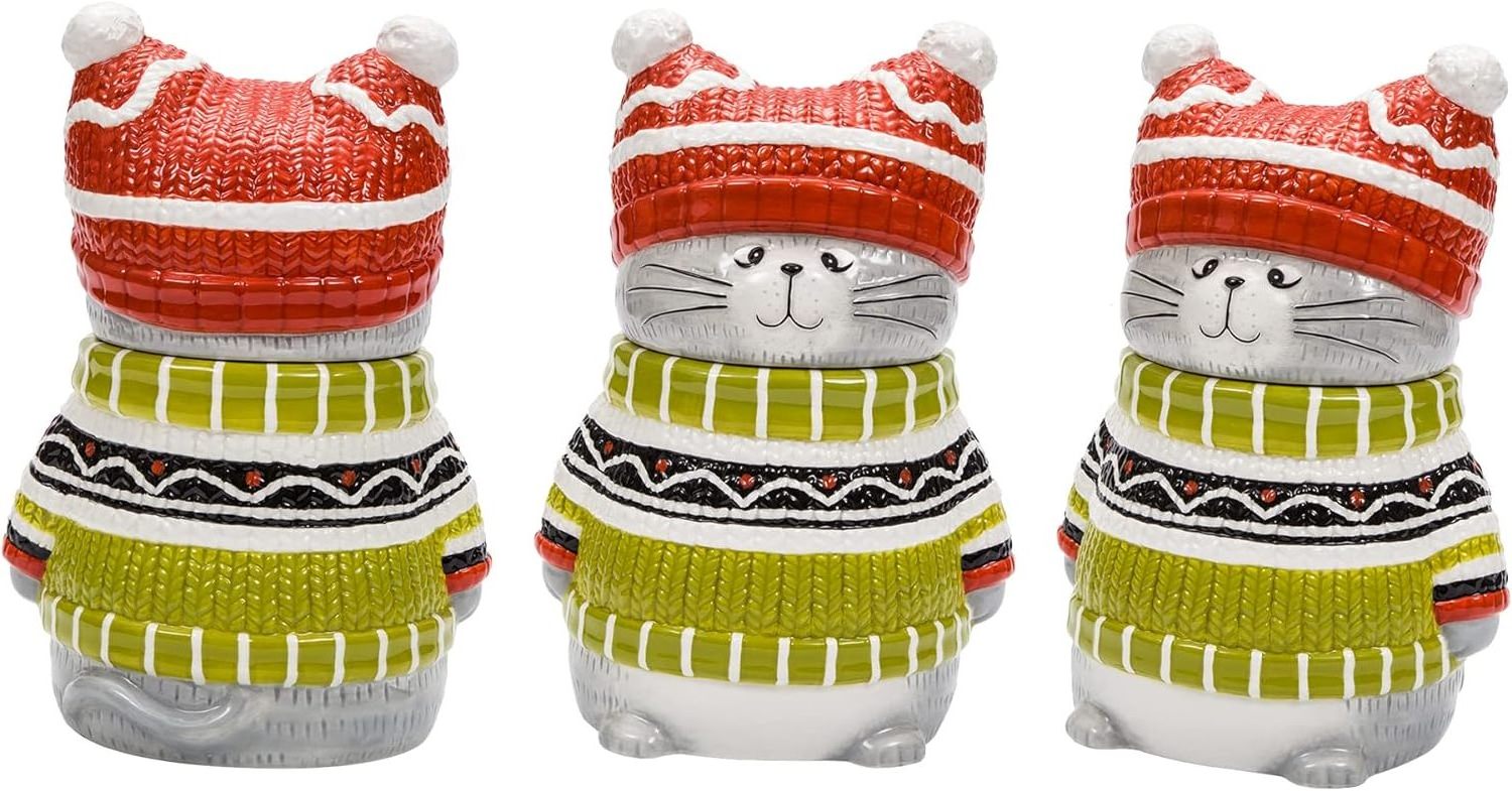 High Quality Ceramic Animal Cat Storage Jar Cute Knitted Kitten Air Tight Seal Ceramic Cookie Jar for Home Kitchen Decor