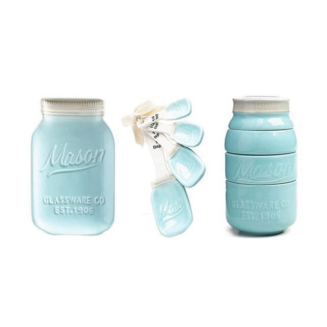 Embossing Ceramic Kitchenware 3 Piece Mason Jar Sets with Spoon Rest Measuring Cups and Spoons