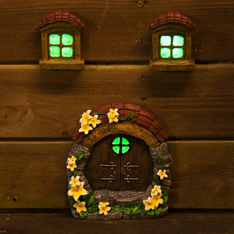 Fairy House Door Windows Decor Resin Miniature Gnome Door Figurine for Home Garden Outdoor