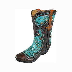 Hand painted Western Cowboy Boot Flower Vase Classic Teal and Brown Decorative Cowboy Boots Home Office Rustic