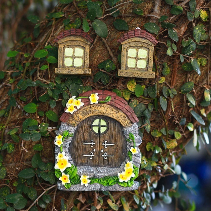 Fairy House Door Windows Decor Resin Miniature Gnome Door Figurine for Home Garden Outdoor