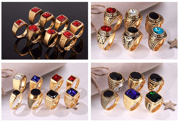 Trend Design Square Round Diamond Stainless Steel Jewelry Luxury Retro Punk Fashion Hip Hop Men's Stainless Steel ring