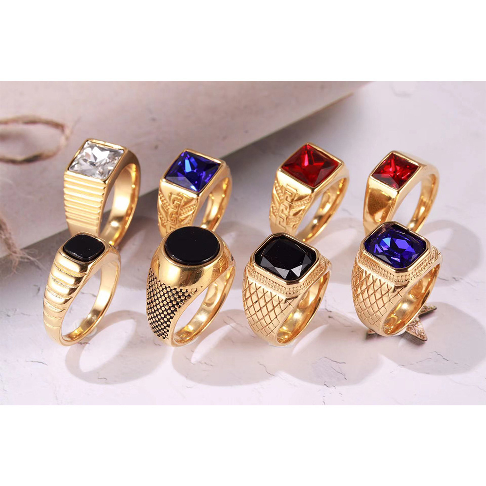 Trend Design Square Round Diamond Stainless Steel Jewelry Luxury Retro Punk Fashion Hip Hop Men's Stainless Steel ring