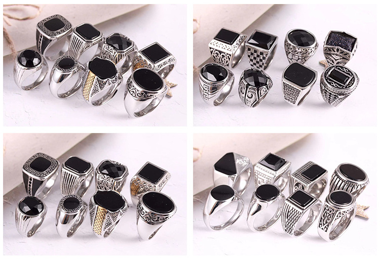 Trend Design Square Round Diamond Stainless Steel Jewelry Luxury Retro Punk Fashion Hip Hop Men's Stainless Steel ring