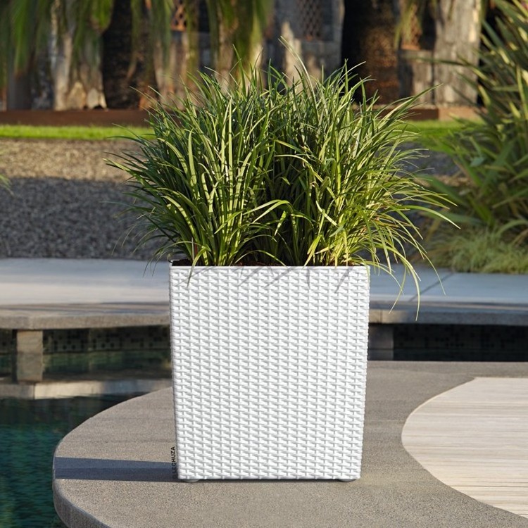 Classic Rattan Look surface Indoor home decor Self Watering large Square white plastic Planter Pot for green trees herbs