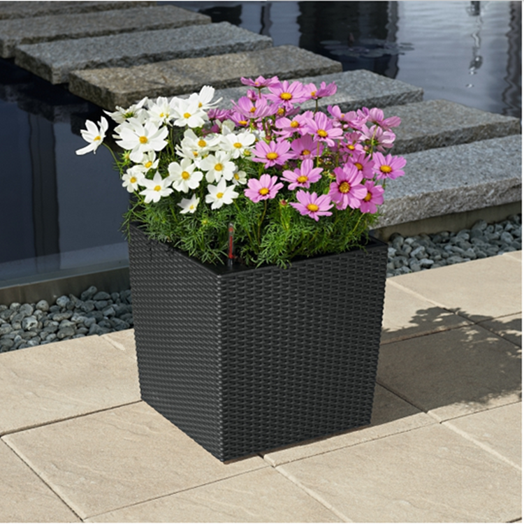 Classic Rattan Look surface Indoor home decor Self Watering large Square white plastic Planter Pot for green trees herbs