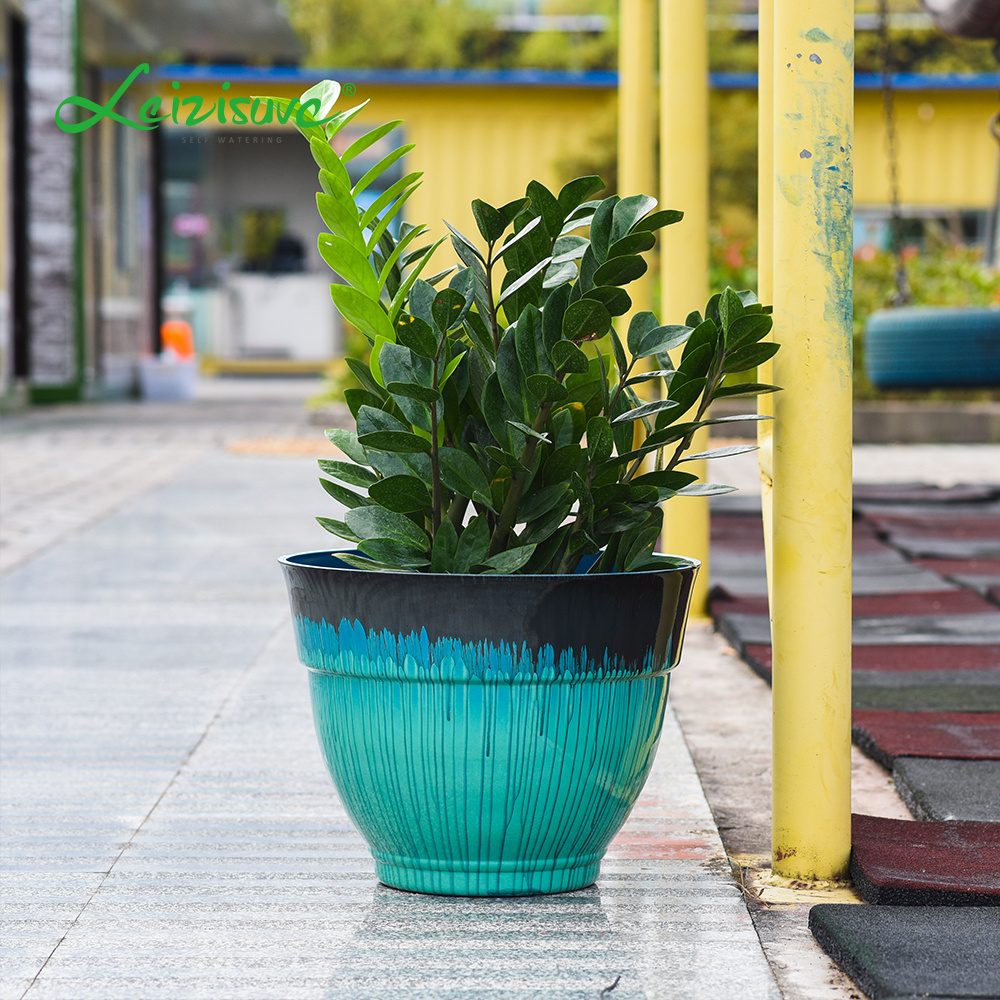 Leizisure Blue Ceramic Looking Plastic Flowerpots Garden Decoration Glazed Pottery Planter Flower Pots