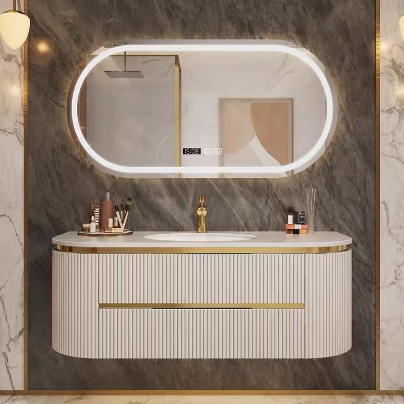 Luxury Wall Mounted Mirrored Cabinets Bathroom Vanity With  LED Light Customized Style Stainless Steel