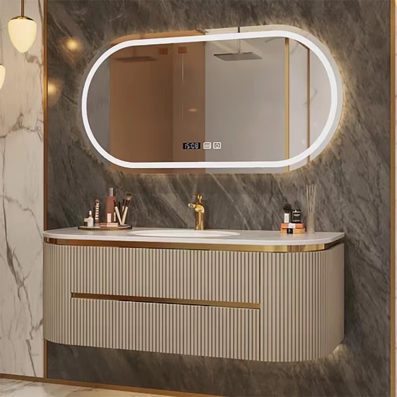 Luxury Wall Mounted Mirrored Cabinets Bathroom Vanity With  LED Light Customized Style Stainless Steel