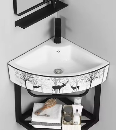 Black Stainless Steel Console Ceramic Triangular Small Corner Wash Basin Wall Mounted Bathroom Sink Stand