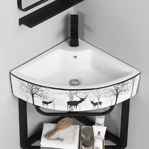 Black Stainless Steel Console Ceramic Triangular Small Corner Wash Basin Wall Mounted Bathroom Sink Stand