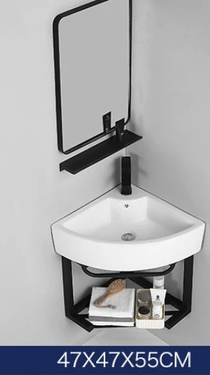 Black Stainless Steel Console Ceramic Triangular Small Corner Wash Basin Wall Mounted Bathroom Sink Stand