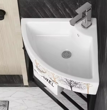 Black Stainless Steel Console Ceramic Triangular Small Corner Wash Basin Wall Mounted Bathroom Sink Stand