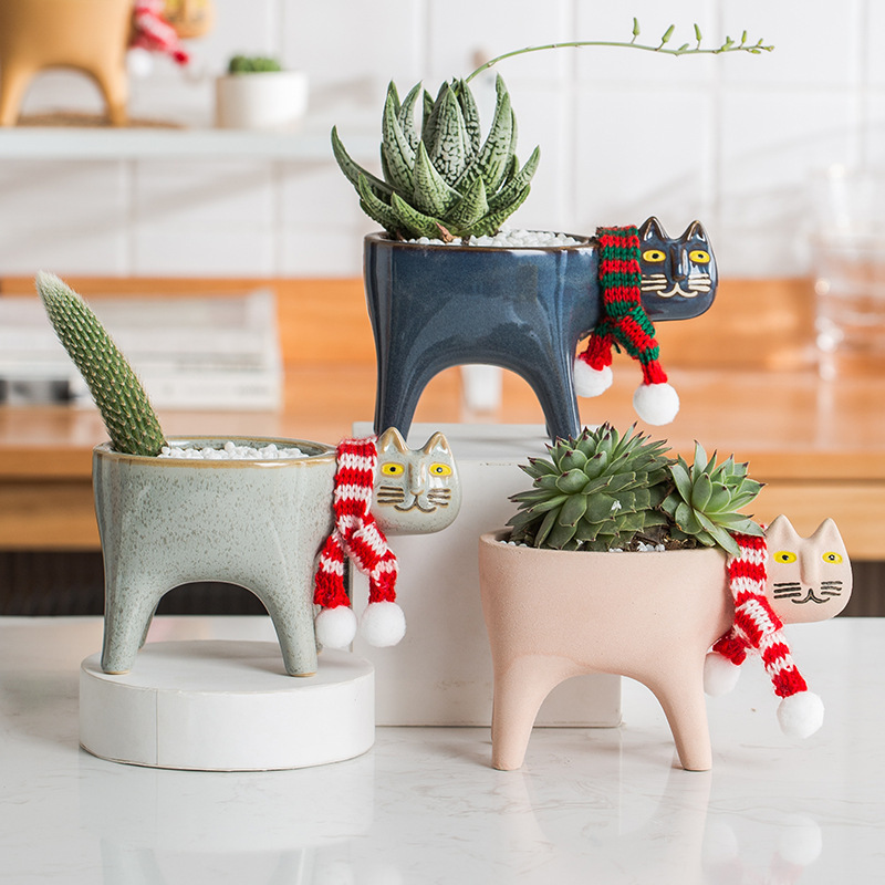 Creative cute cat tail flower pot ceramic personality cartoon animal simple succulent monkey tail column cactus flower pot