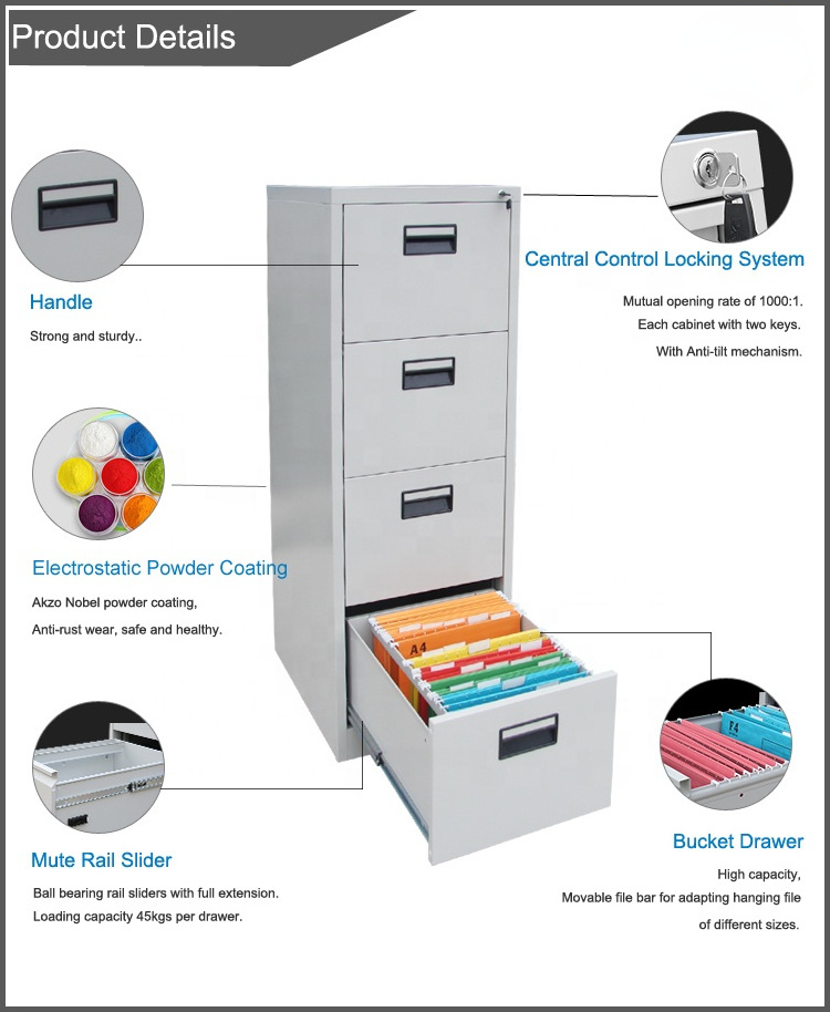 LEKEN Cheap Kd Structure 4 drawer Metal Filing Cabinet Steel Cheap Vertical Filing Cabinet