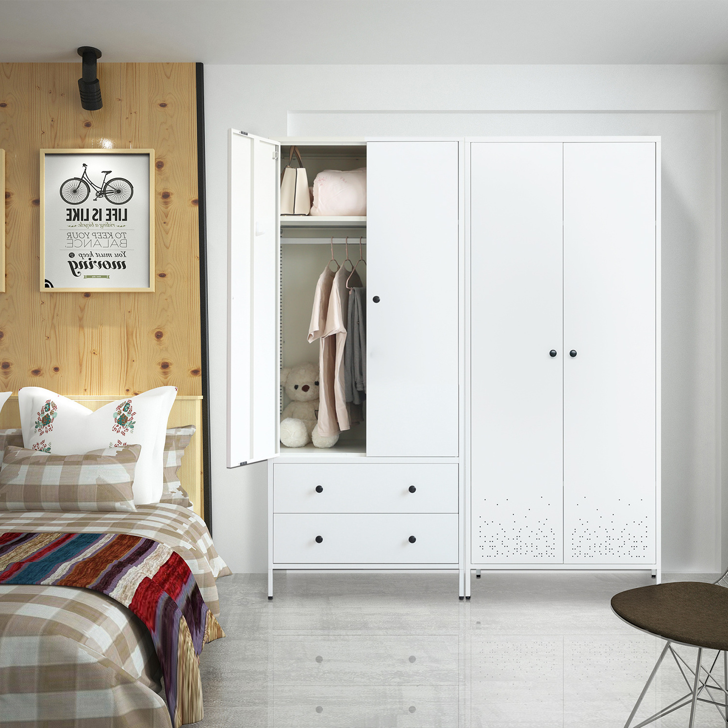 Sliding Door Steel Cabinet 2 Door Bedroom Furniture Metal Cabinet Swing Door Closet Wardrobe