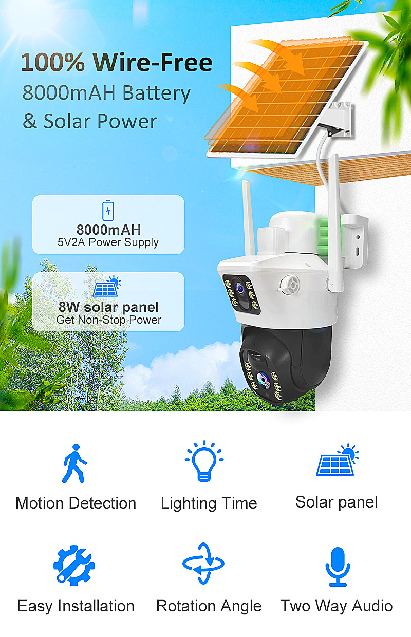 4MP Solar power Battery cloud PTZ Outdoor Waterproof CCTV IP 4G camera low power solar camera with PIR Motion detection