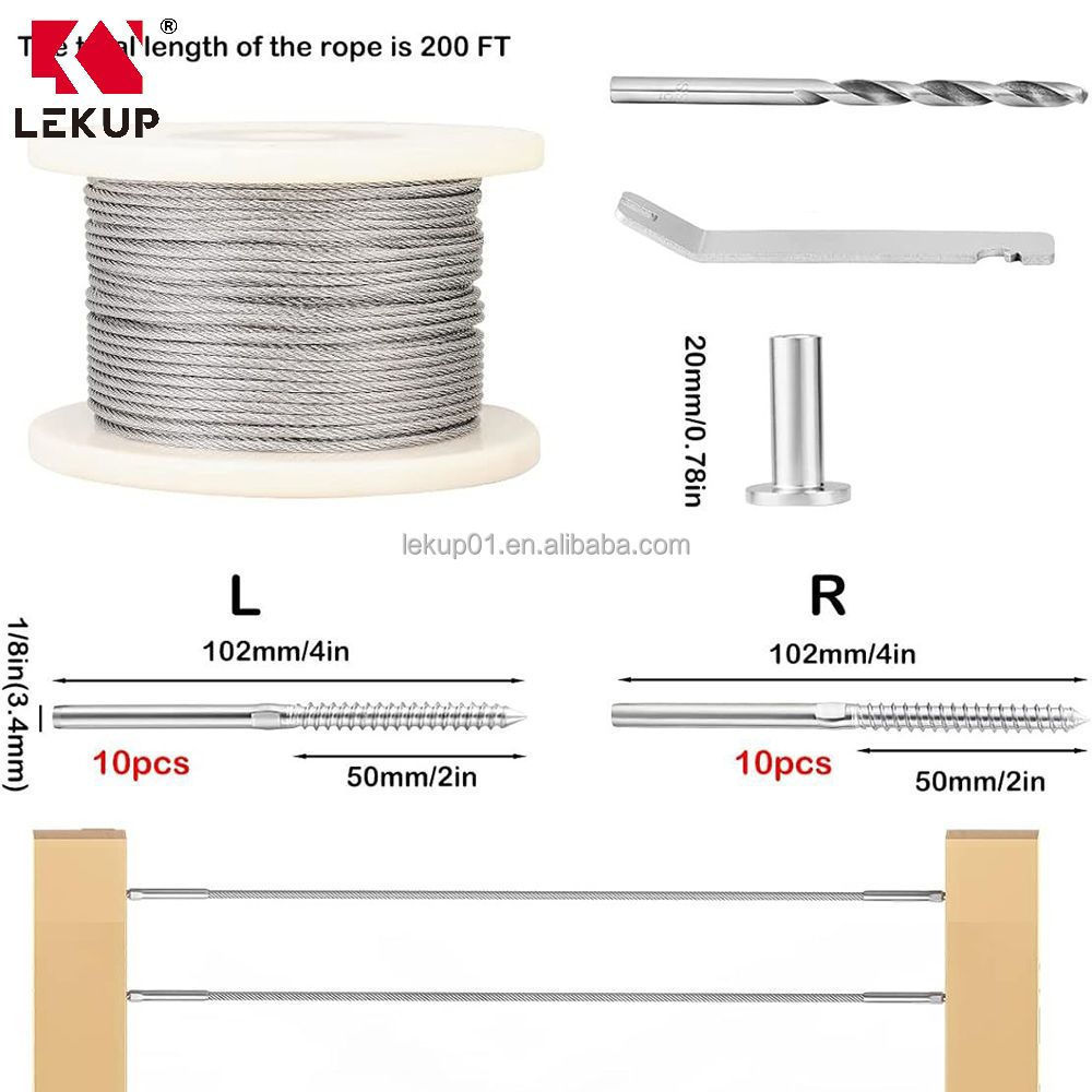 T316 Stainless Steel Hardware 200ft 1/8 Cable Right & Left Swage Lag Screws Protector Sleeves 1/8