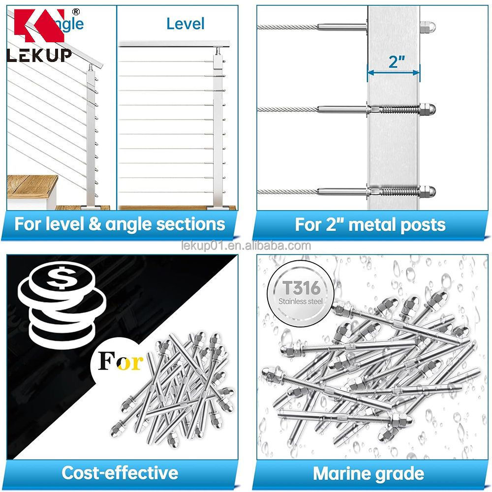 T316 Stainless Steel Hand Swage Threaded Stud Tensioner Cable Railing Kit Terminal for 3/16