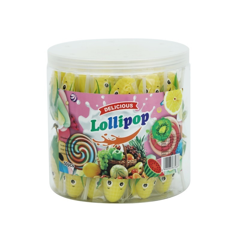 15g Halal Sweet Corn Shape hard Lollipop Candy in PVC Jar