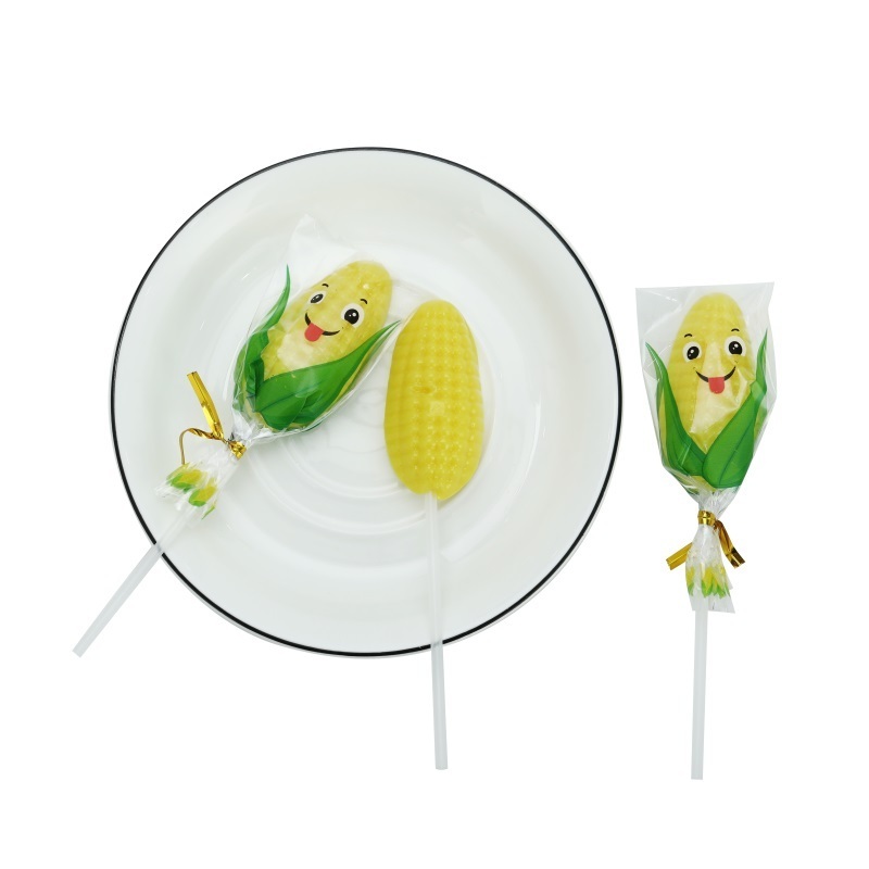 15g Halal Sweet Corn Shape hard Lollipop Candy in PVC Jar