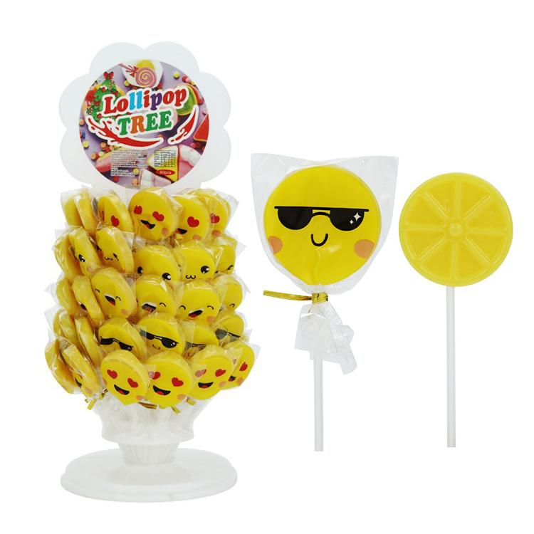 Factory wholesale halal tower packing yellow emote shape fruity flavor lollies candy