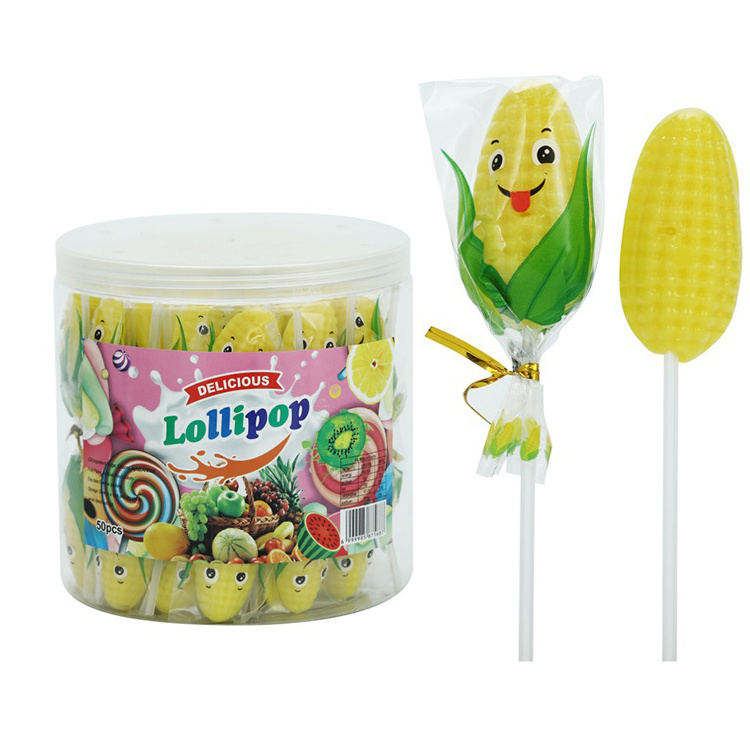 15g Halal Sweet Corn Shape hard Lollipop Candy in PVC Jar