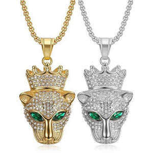 European And American Hip Hop Jewelry Titanium Steel Gold Plated Rhinestone Diamond Crown Leopard Head Pendant Necklace