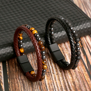 New Fashion Punk Tiger Eye Lava Men Natural Stones Bead Leather Bracelet