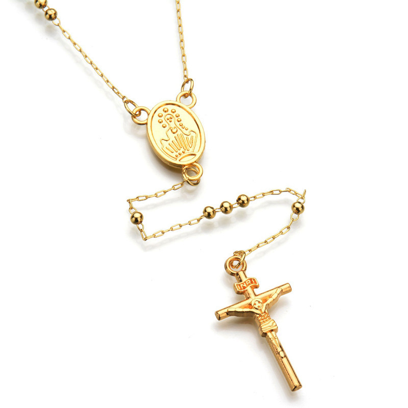 Top Fashion 316L Stainless Steel Jesus Cross Rosary Ball Beads Chain Necklace