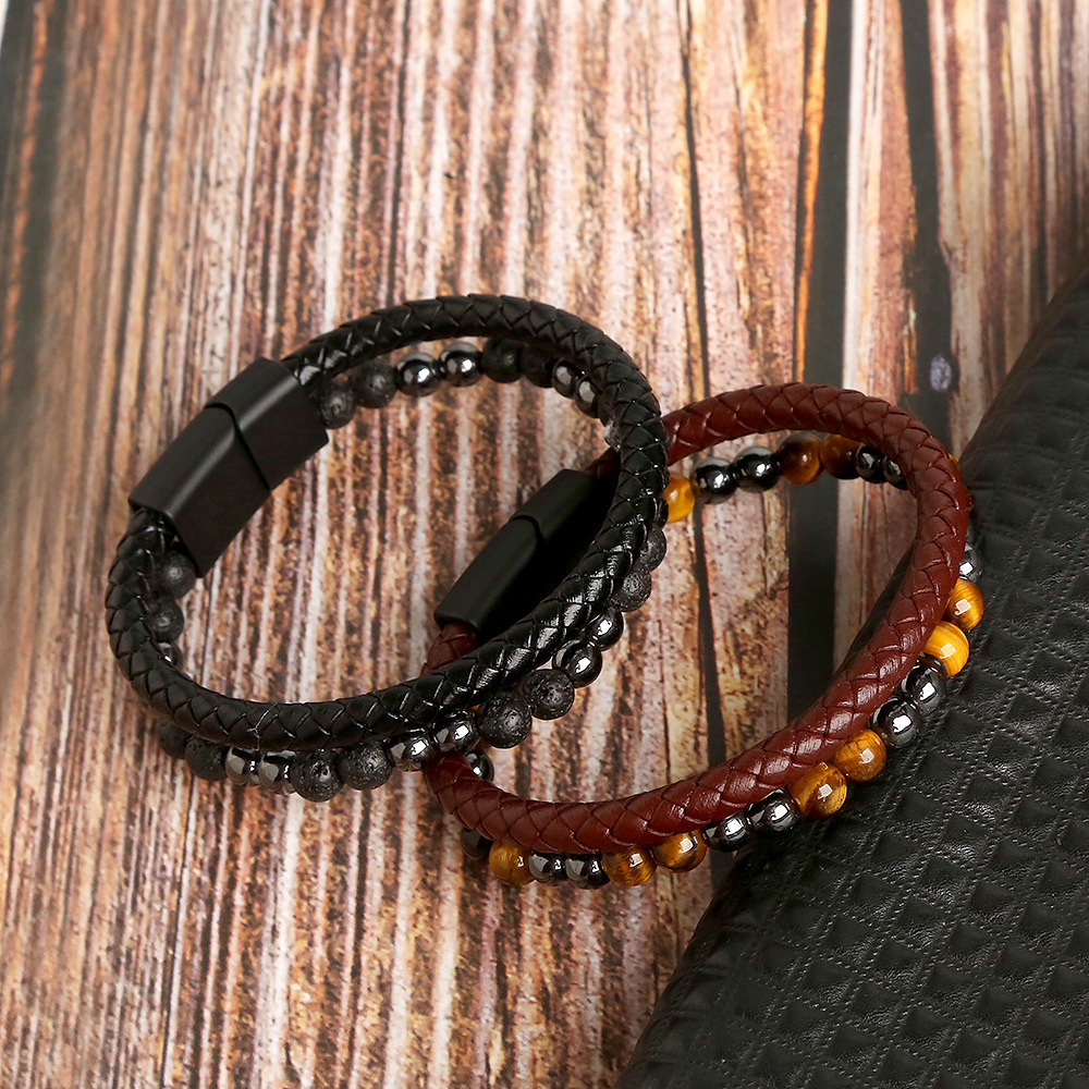 New Fashion Punk Tiger Eye Lava Men Natural Stones Bead Leather Bracelet