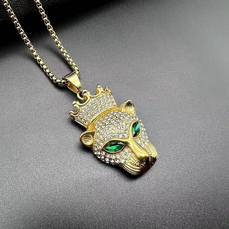 European And American Hip Hop Jewelry Titanium Steel Gold Plated Rhinestone Diamond Crown Leopard Head Pendant Necklace