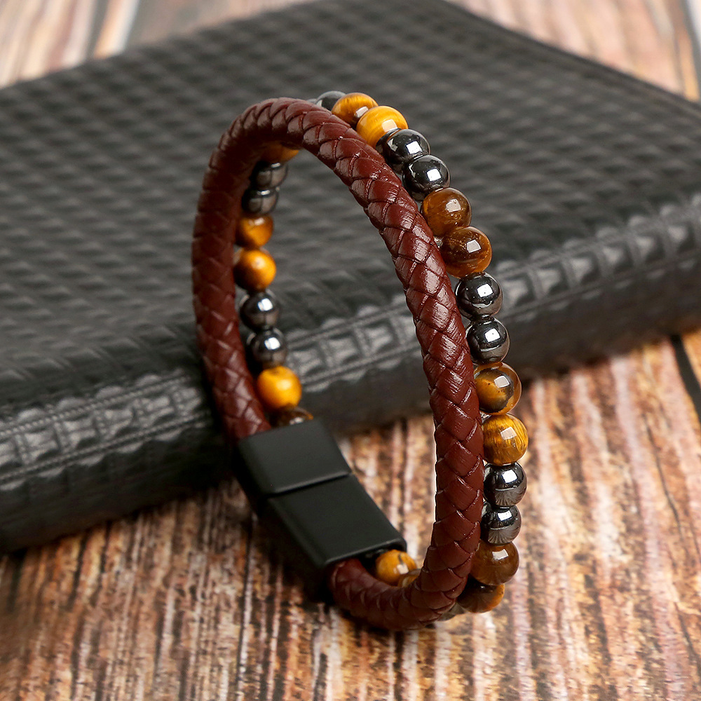 New Fashion Punk Tiger Eye Lava Men Natural Stones Bead Leather Bracelet