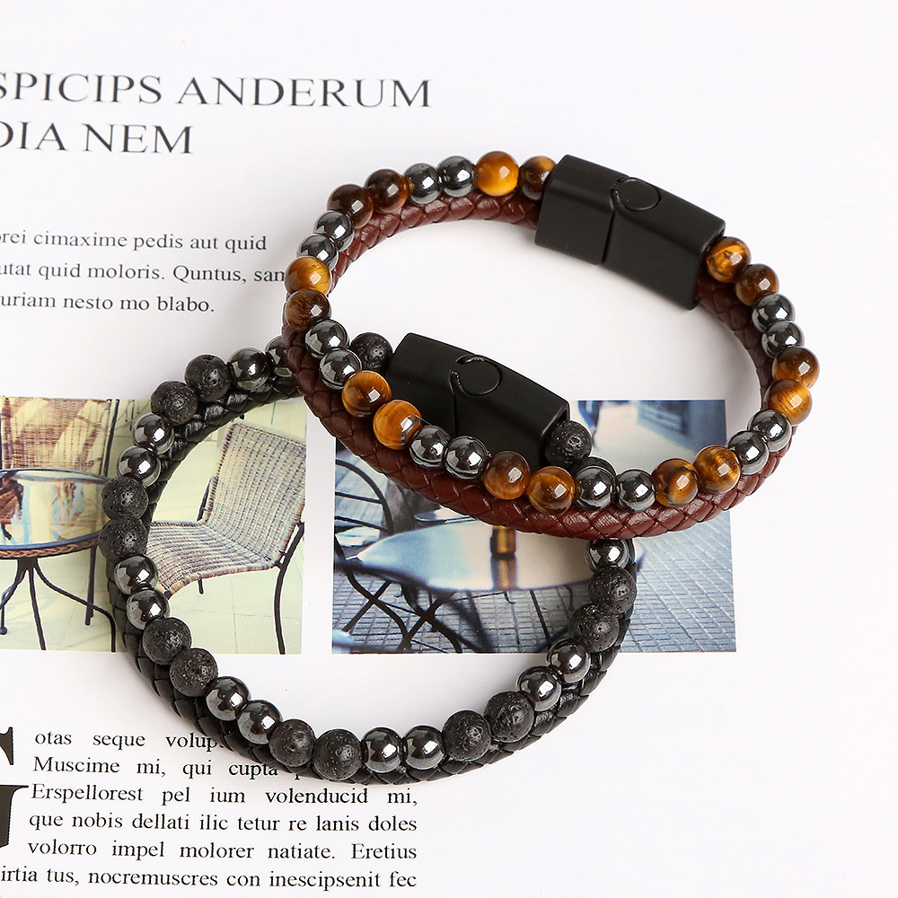 New Fashion Punk Tiger Eye Lava Men Natural Stones Bead Leather Bracelet