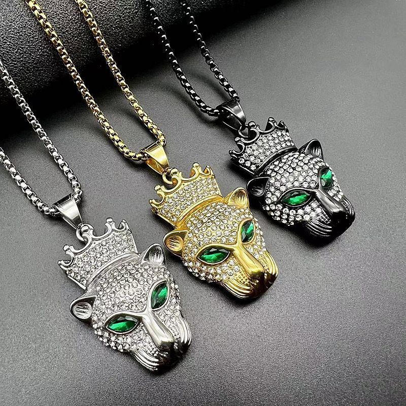 European And American Hip Hop Jewelry Titanium Steel Gold Plated Rhinestone Diamond Crown Leopard Head Pendant Necklace