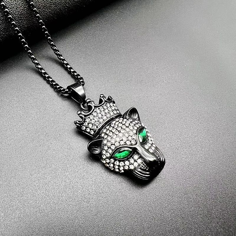 European And American Hip Hop Jewelry Titanium Steel Gold Plated Rhinestone Diamond Crown Leopard Head Pendant Necklace