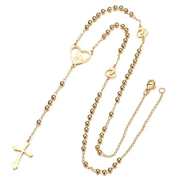 Top Fashion 316L Stainless Steel Jesus Cross Rosary Ball Beads Chain Necklace