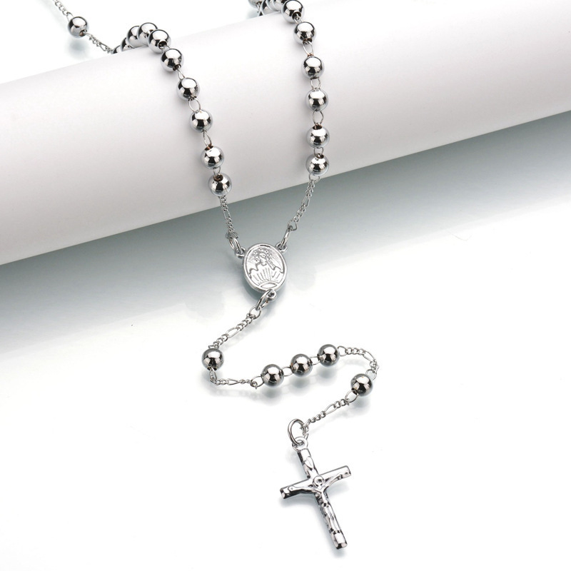 Top Fashion 316L Stainless Steel Jesus Cross Rosary Ball Beads Chain Necklace