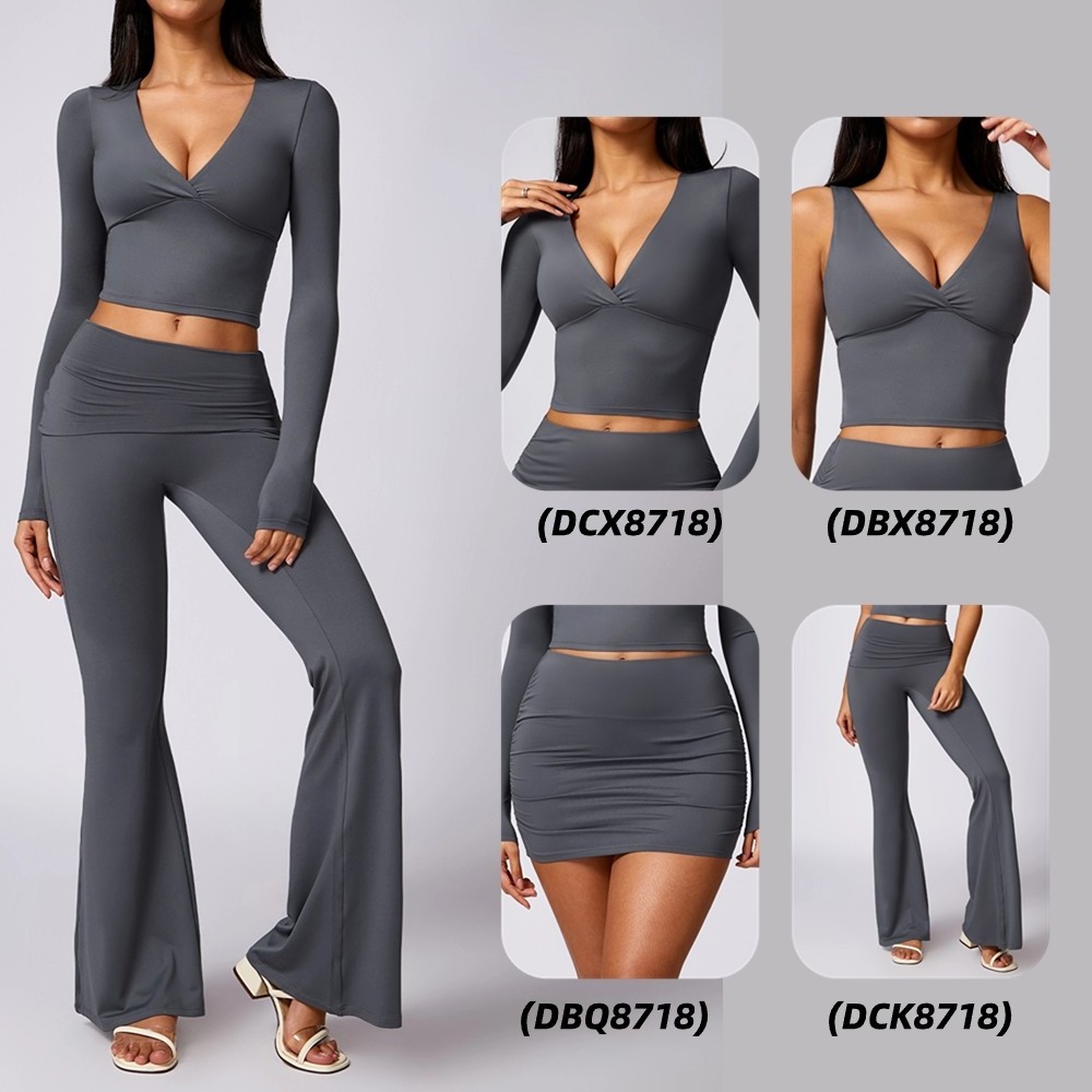 YISHENHON Wholesale Long Sleeve T Shirts Bra Skinny Mini Skirt Sets Female 4 Pieces Suits Flare Pants Sets Women Gym Wear Set