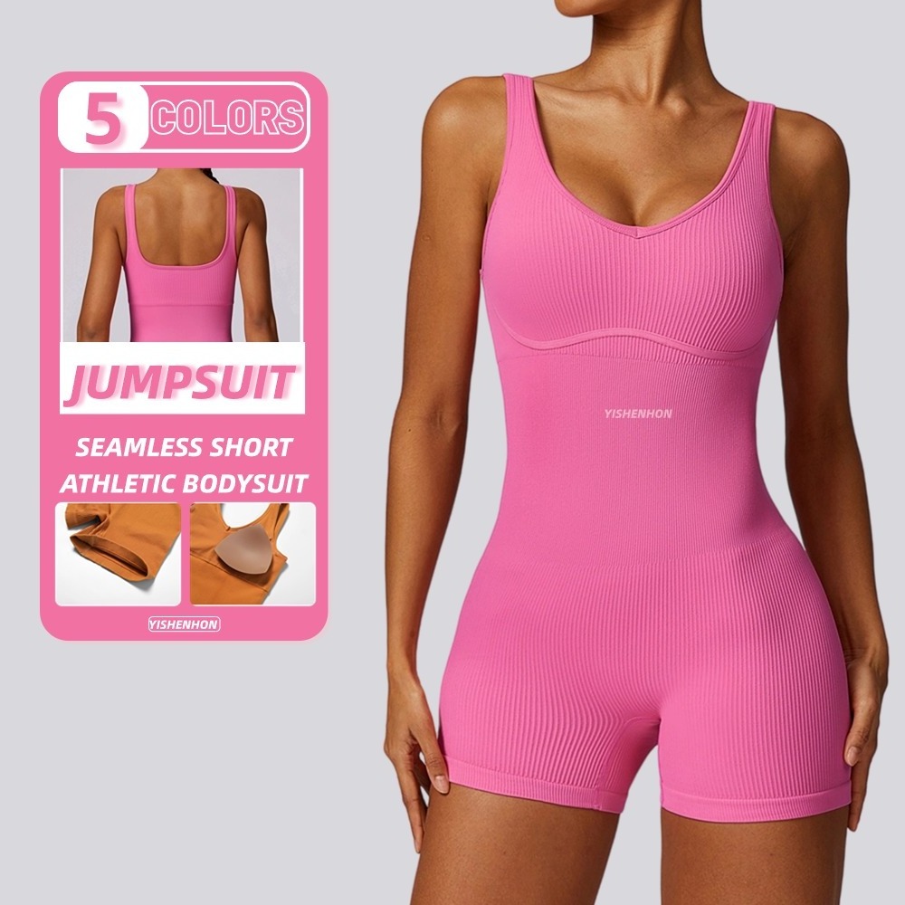 YISHENHON High Elastic Gym Fitness Playsuits Sexy Sleeveless Bodycon Custom Logo Rompers Sports One Piece Seamless Yoga Jumpsuit