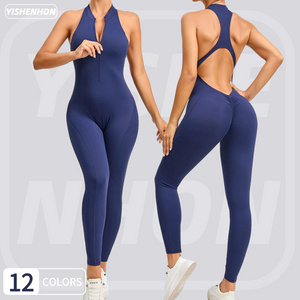 YISHENHON V Neck Women Zipper Bodycon Flatlock Seam Workout Gym Jumpsuit Ladies One Piece Long Sleeve Legging Sport Jumpsuit