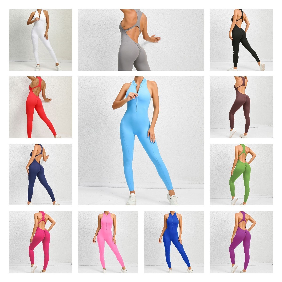 YISHENHON V Neck Women Zipper Bodycon Flatlock Seam Workout Gym Jumpsuit Ladies One Piece Long Sleeve Legging Sport Jumpsuit