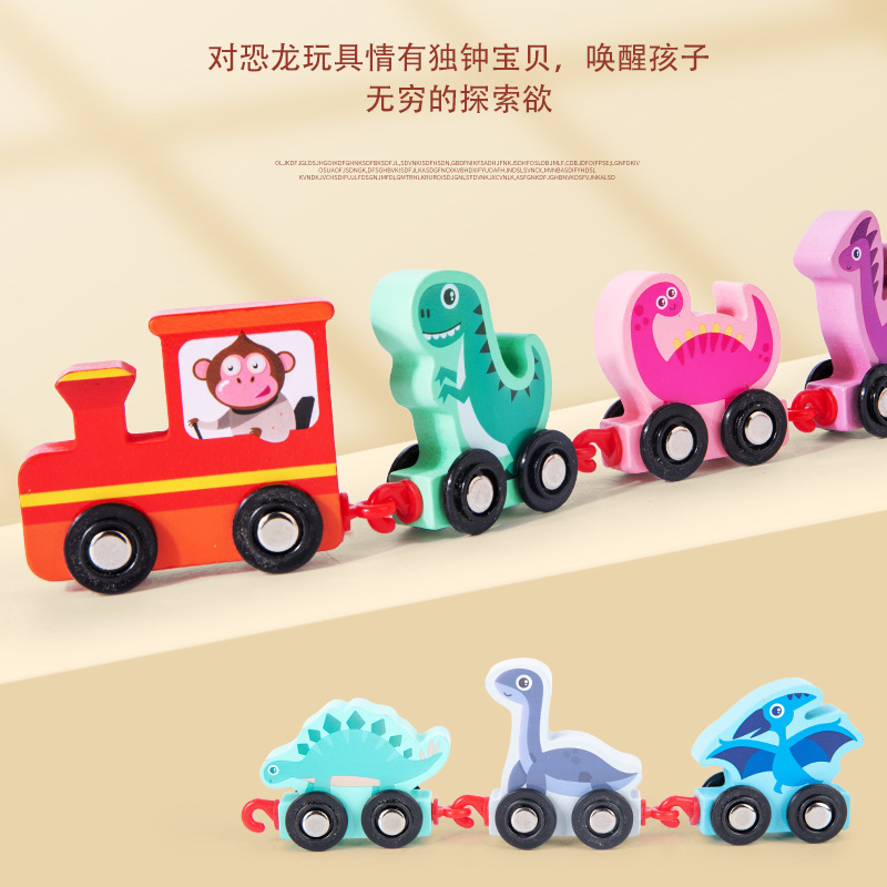 Hot Sale Little Dinosaur Assembly Wooden Train Track Play Set Magnetic Train Toys Cars Educational Wood Toys for Kids