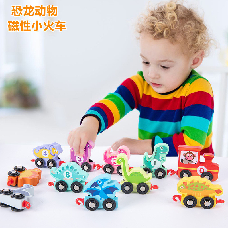 Hot Sale Little Dinosaur Assembly Wooden Train Track Play Set Magnetic Train Toys Cars Educational Wood Toys for Kids