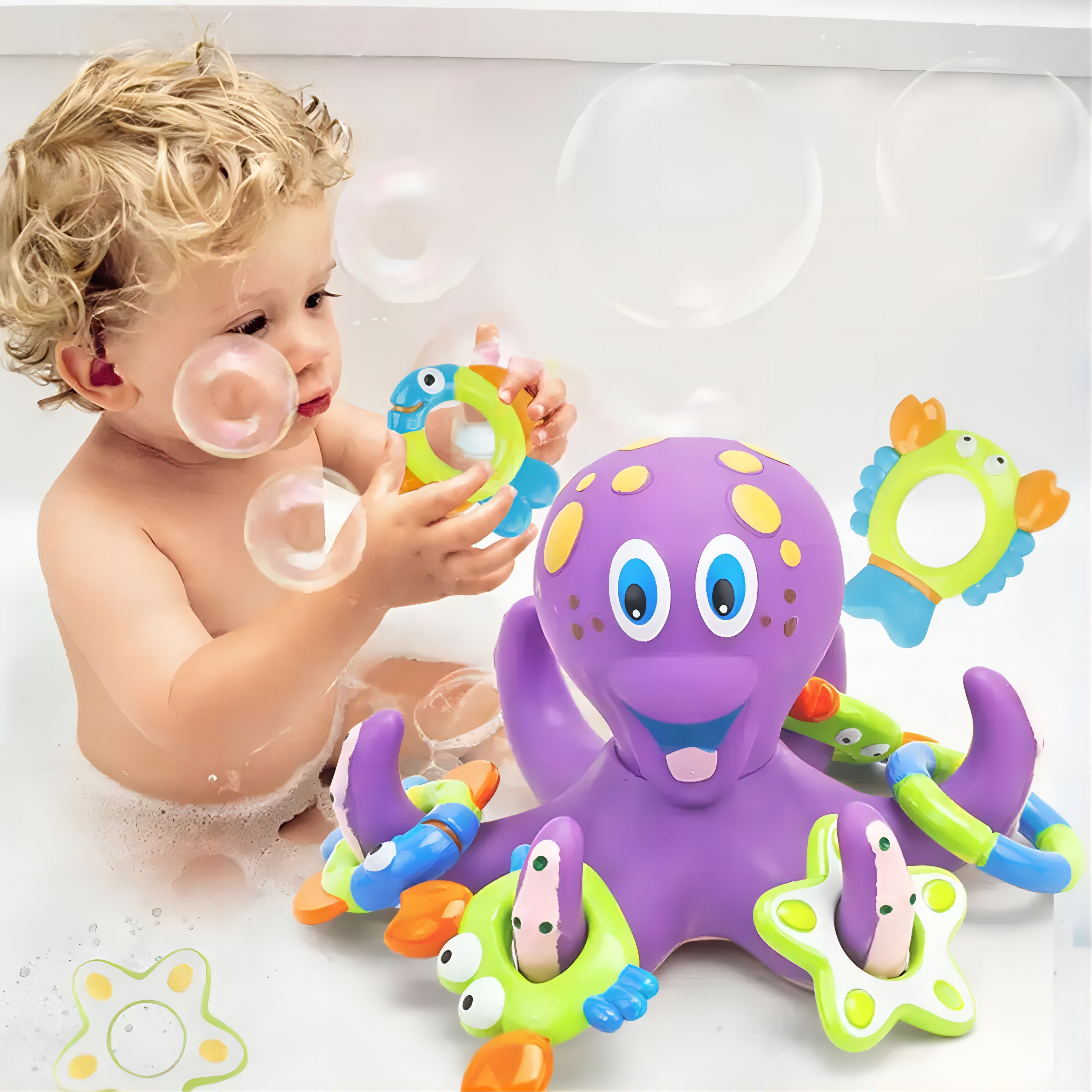 Wholesale Hot Sell Small Kid Toddler Rubber Octopus Animal Tub Bathing Shower Toys Hoopla Rings Floating Baby Bath Toys