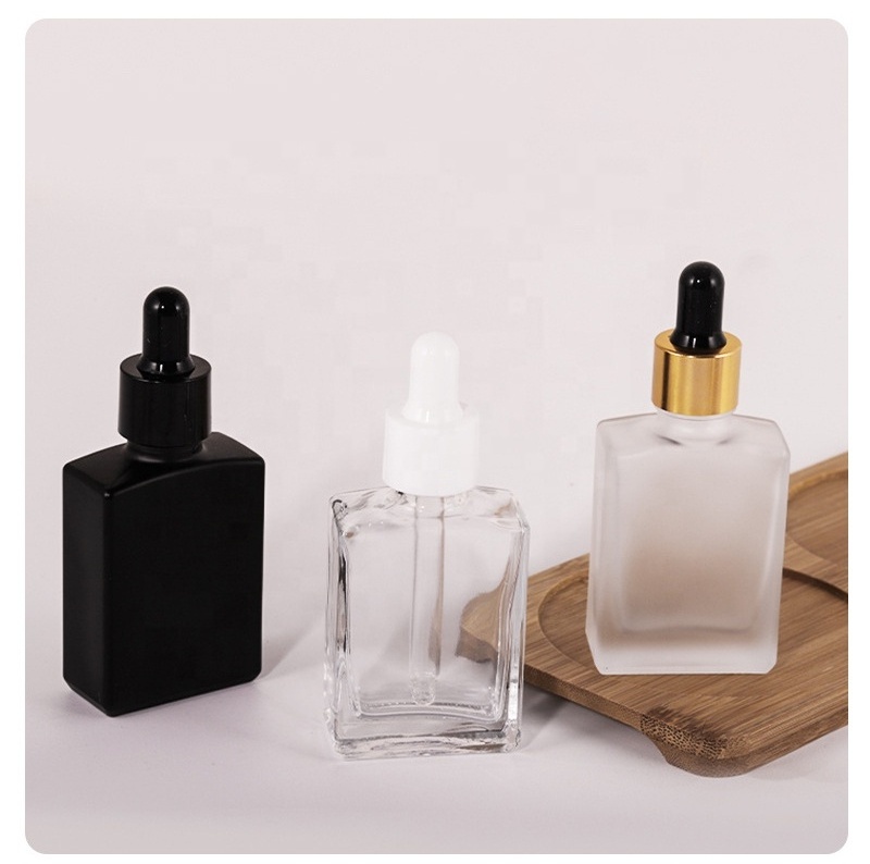 Custom Square Flat Shoulder Glass Dropper Bottles 15ml 30ml 50ml 100ml Sizes Frosted Serum Essential Oils Packaging Decal