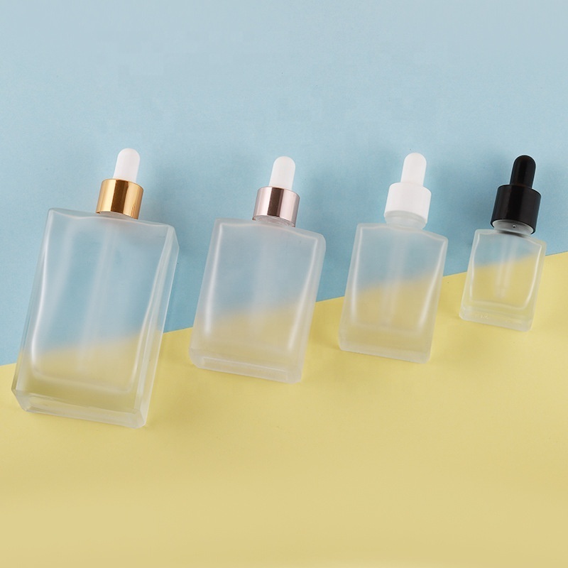 Custom Square Flat Shoulder Glass Dropper Bottles 15ml 30ml 50ml 100ml Sizes Frosted Serum Essential Oils Packaging Decal