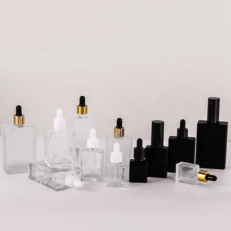 Custom Square Flat Shoulder Glass Dropper Bottles 15ml 30ml 50ml 100ml Sizes Frosted Serum Essential Oils Packaging Decal