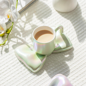 Lelyi INS Electroplated pearl luster bow Coffee cup dish set ceramic gift cup afternoon tea Mug couple cup