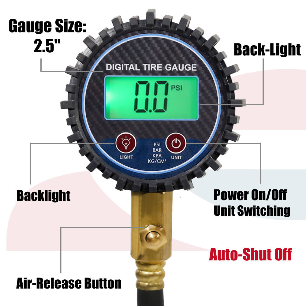 LEMATEC Digital Tire Pressure Gauge With Air Hose and Deflator Valve